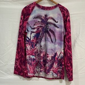 Reel Legends Magenta and Purple Palm-Print Raglan Long Sleeve Top